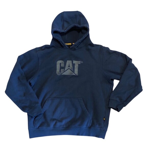 CAT Navy Cotton Hoodie Blue w/ Gray Logo Embroidered Sweatshirt Workwear - Picture 1 of 6